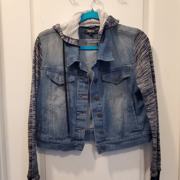 Bee & Ceci Los Angeles Hooded Denim Jacket | Knit Sleeves & Hood | L - Picture 2 of 6